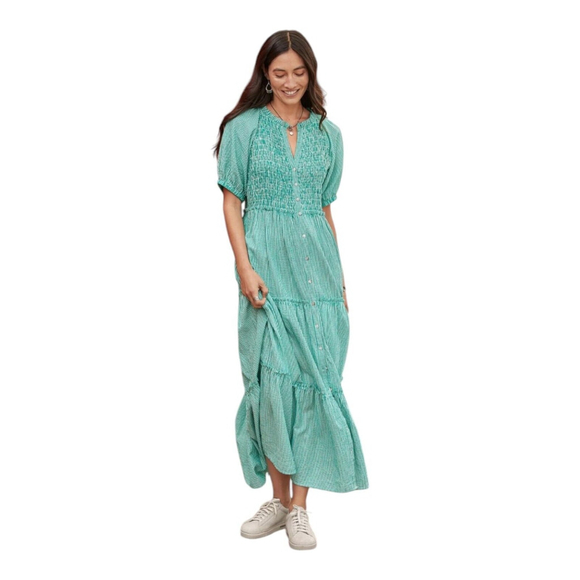 Sundance Dresses & Skirts - Sundance Topsail Striped Green & White Smocked Tiered Boho Dress Small